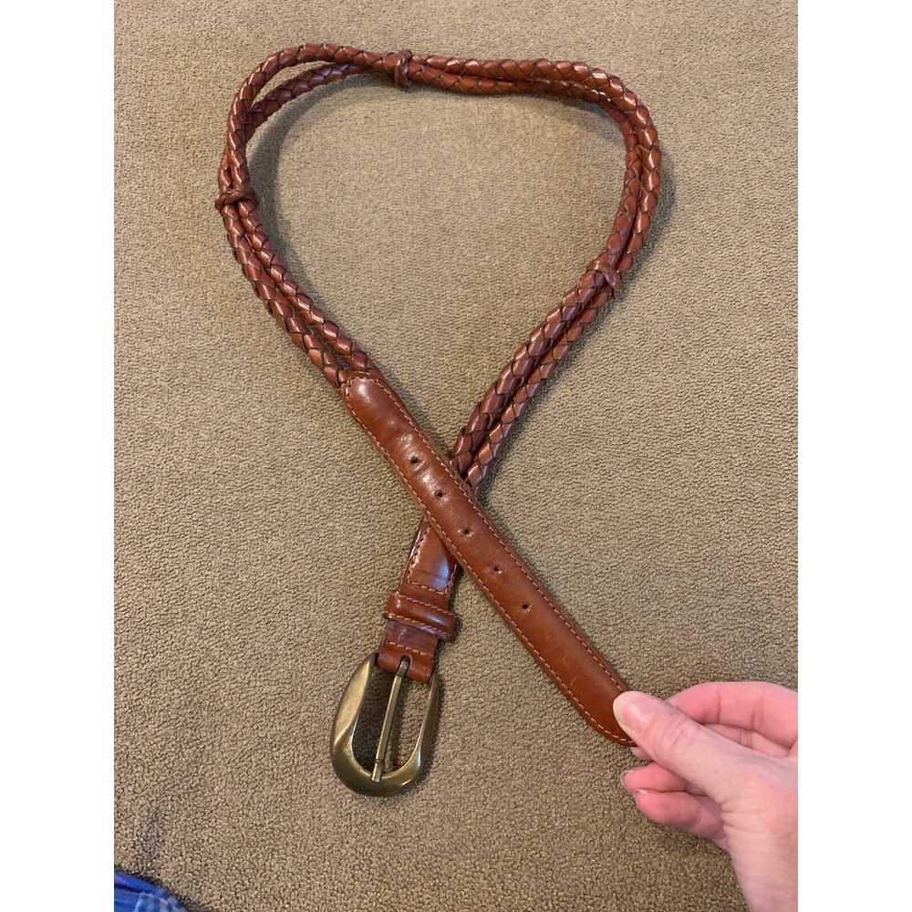 Charter Club Brown Leather Double Braided Belt With Brass Buckle Large (TD)